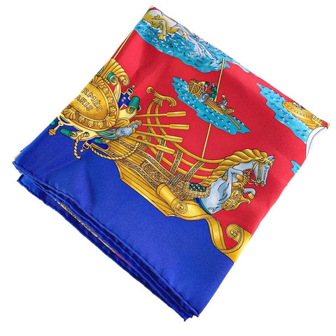 【中古】 HERMES エルメス カレ90 レディースマフラー・ストール   カレ90 光の帆船 ブルーｘレッド 22003436 YM
