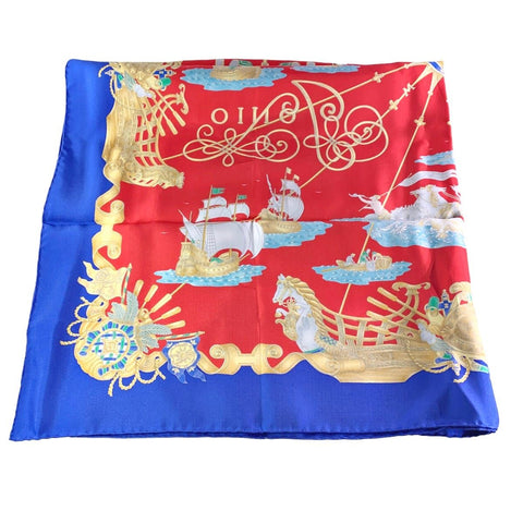【中古】 HERMES エルメス カレ90 レディースマフラー・ストール   カレ90 光の帆船 ブルーｘレッド 22003436 YM