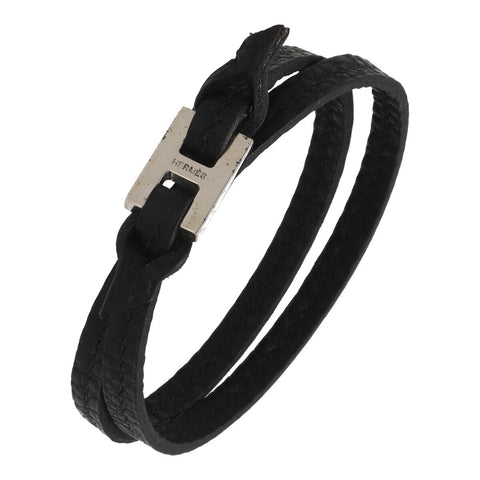 【中古】 HERMES エルメス 2重レザーブレスレット 二連 ラップ シルバー金具 軽量 大人 日常使い 22022042 MK