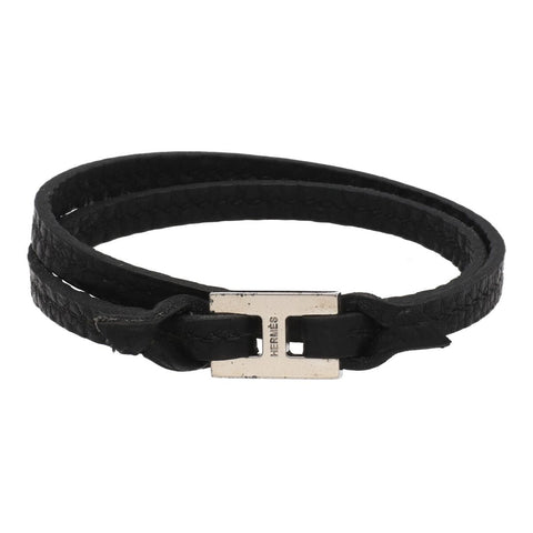 【中古】 HERMES エルメス 2重レザーブレスレット 二連 ラップ シルバー金具 軽量 大人 日常使い 22022042 MK