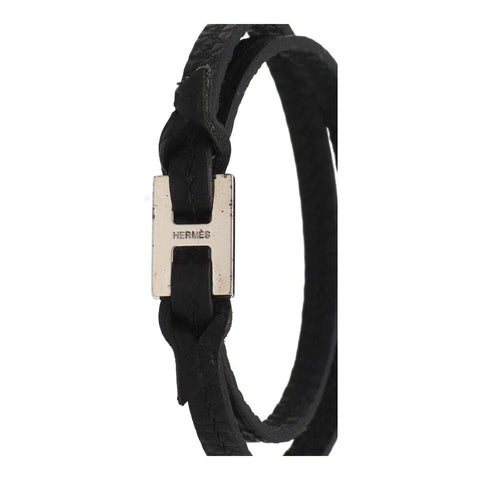 【中古】 HERMES エルメス 2重レザーブレスレット 二連 ラップ シルバー金具 軽量 大人 日常使い 22022042 MK