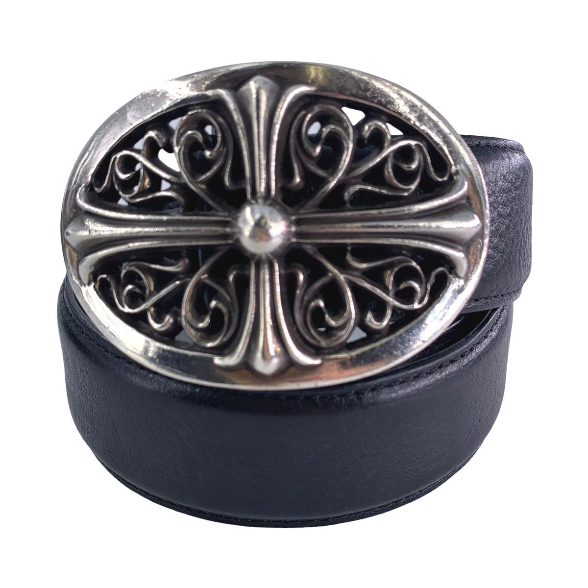【中古】 CHROME HEARTS クロムハーツ メンズベルト クラシックオーバル クロスバックルベルト 32インチ 全長 約100cm シルバー ブラック 23010669 MY