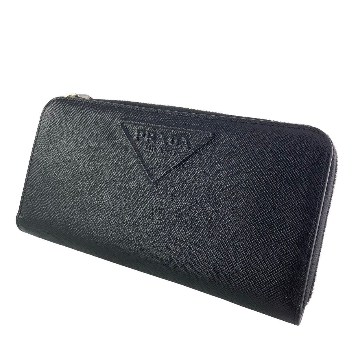 【中古】 PRADA プラダ エンボスロゴ ラウンドジップウォレット 黒 長財布 メンズ 23019613 MK