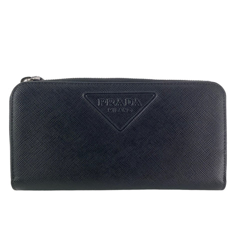 【中古】 PRADA プラダ エンボスロゴ ラウンドジップウォレット 黒 長財布 メンズ 23019613 MK