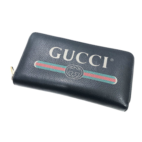 【中古】 GUCCI グッチ  メンズ財布   ラウンドファスナー長財布 プリント 黒 23026693 NT