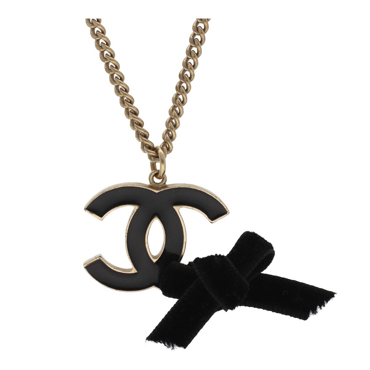 【中古】 CHANEL シャネル ココマークリボン ネックレス ゴールド ブラック ペンダント アクセサリー 21041237DS