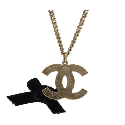 【中古】 CHANEL シャネル ココマークリボン ネックレス ゴールド ブラック ペンダント アクセサリー 21041237DS