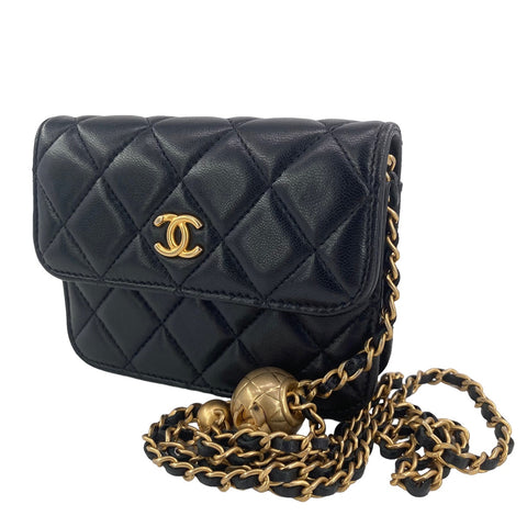 【中古】 CHANEL シャネル マトラッセ ラムスキン ミニチェーンウォレット ボール付 黒 22009491 AS