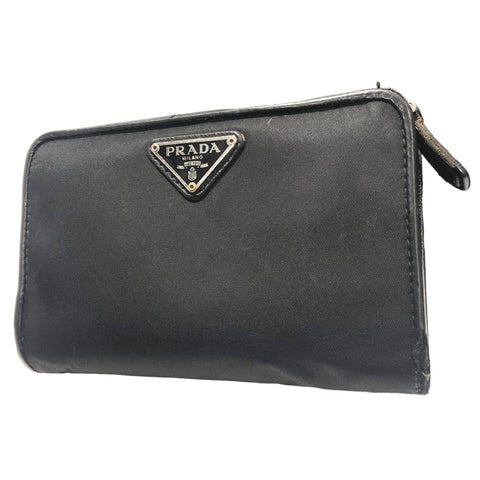 【中古】 PRADA プラダ 2つ折り財布 ナイロン/サフィアーノ 三角ロゴ ブラック L字ファスナー ウォレット 22037985 DS