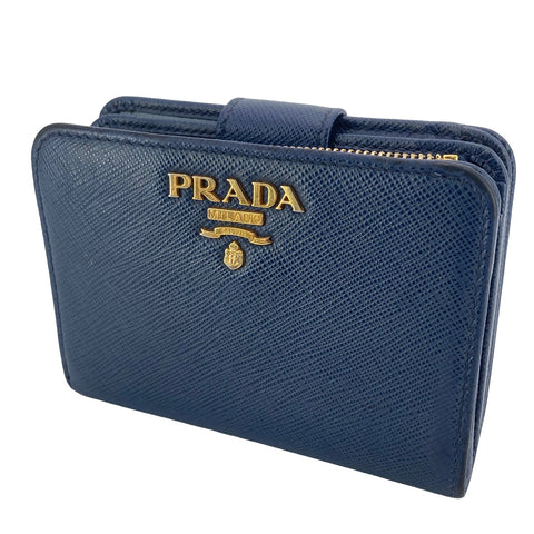 【中古】 PRADA プラダ 二つ折り財布 ブルー サフィアーノ レザー ネイビー メンズ 23018337 AS