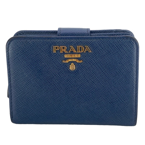 【中古】 PRADA プラダ 二つ折り財布 ブルー サフィアーノ レザー ネイビー メンズ 23018337 AS