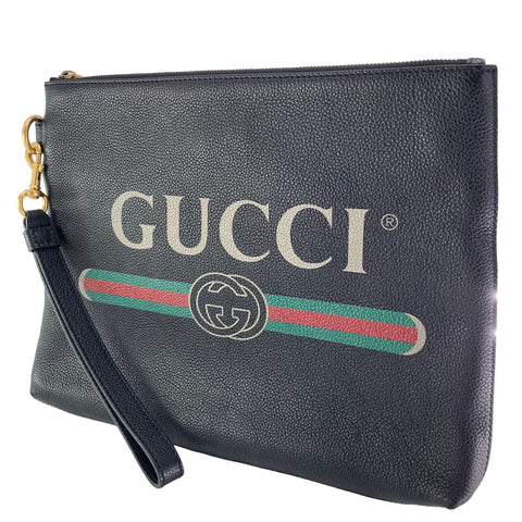 【中古】 GUCCI グッチ  ロゴ プリント レザー クラッチ バッグ 黒 572770 メンズ 23018600 AS