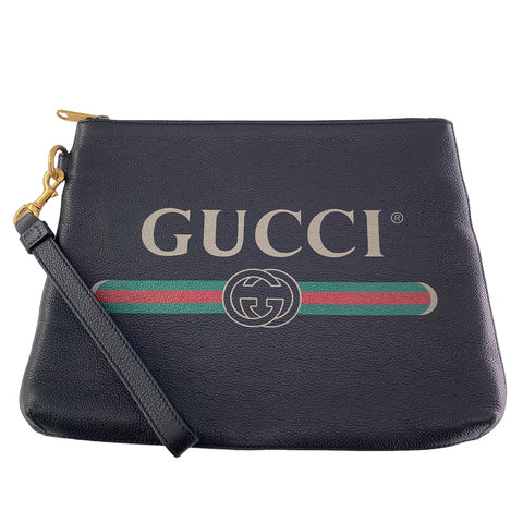 【中古】 GUCCI グッチ  ロゴ プリント レザー クラッチ バッグ 黒 572770 メンズ 23018600 AS