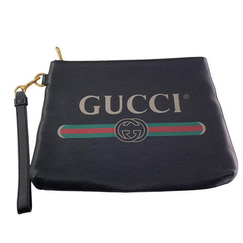 【中古】 GUCCI グッチ  ロゴ プリント レザー クラッチ バッグ 黒 572770 メンズ 23018600 AS