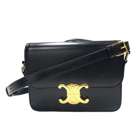 【中古】 CELINE セリーヌ ティーン トリオンフ バッグ シャイニーカーフスキン ブラック ゴールド金具 ショルダーバッグ 188423BF4.38NO 23019601 HO