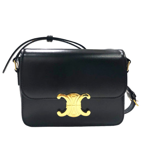 【中古】 CELINE セリーヌ ティーン トリオンフ バッグ シャイニーカーフスキン ブラック ゴールド金具 ショルダーバッグ 188423BF4.38NO 23019601 HO