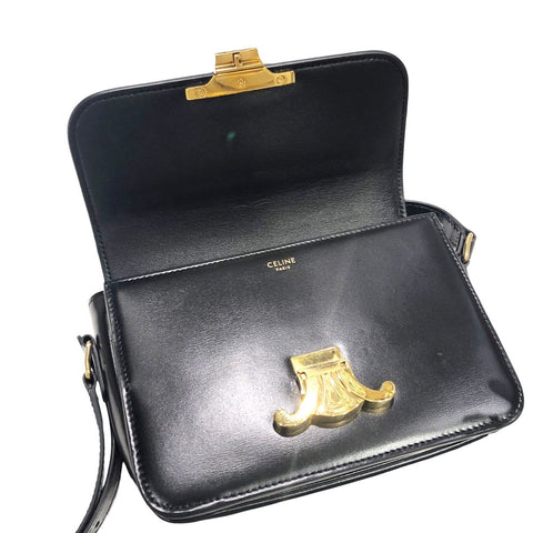 【中古】 CELINE セリーヌ ティーン トリオンフ バッグ シャイニーカーフスキン ブラック ゴールド金具 ショルダーバッグ 188423BF4.38NO 23019601 HO