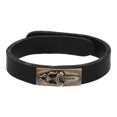 【中古】 CHROME HEARTS クロムハーツ ダガープレート レザーブレスレット 9.5 SV925 シルバー ブラック 黒 23028670 RS