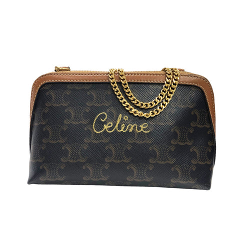 【中古】 CELINE セリーヌ トリオンフ チェーン付き  クラッチバッグ ミニチェーンバッグ 刺繡ロゴ 限定 23032400 HO